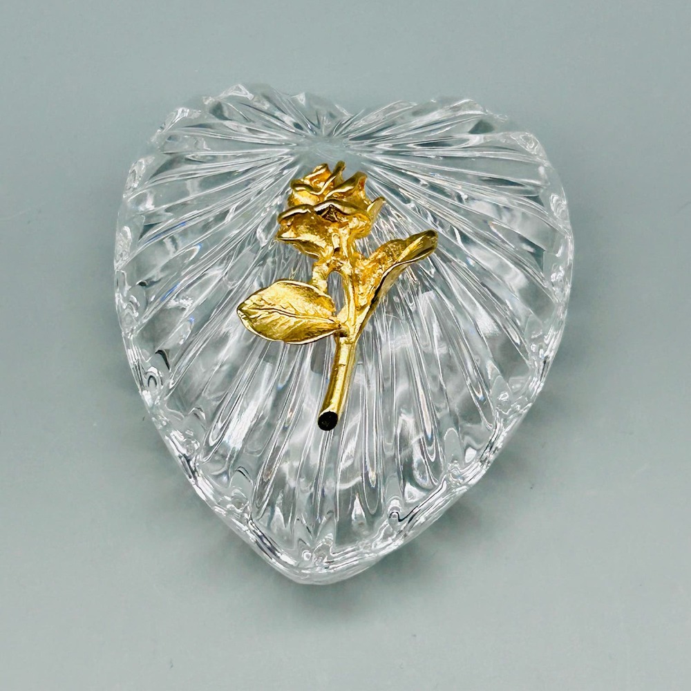 Vintage Italian “Courtenay” Heart Shaped Gold Rose Accented Crystal Trinket Box